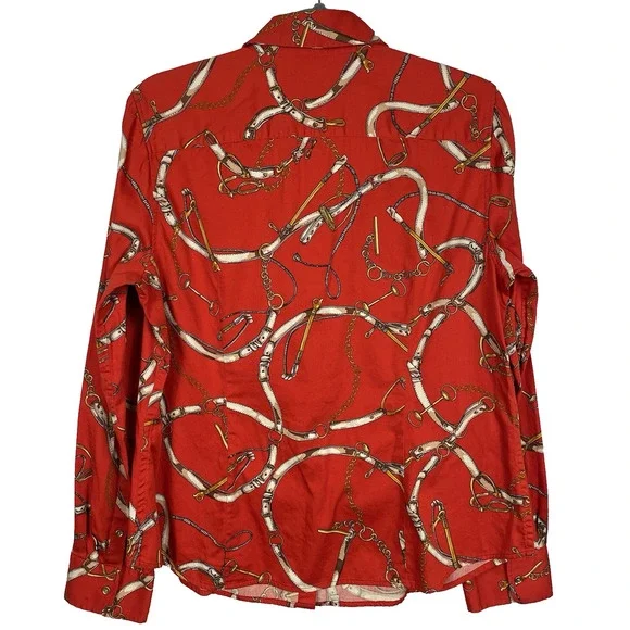 Talbots Equestrian Shirt Women's 14 Red Button Up Horse Bridle Classic Old Money - Picture 2 of 10